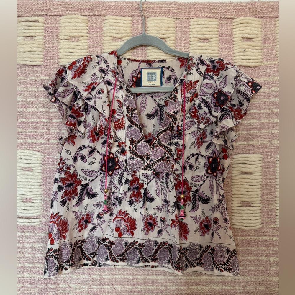 Bell ruffle sleeve tank style silk blend blouse. Beaded artisan tassels. SZ S.
